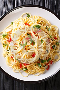 Spaghetti Aglio e OlioÃÂ is a simple Italian dish of garlic, olive oil, parsley close-up in a plate. Vertical top view